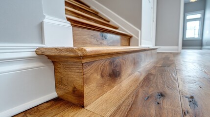 Hardwood stairs detail meet baseboard in a home interior, close-up. Perfect for showcasing home improvement or interior design projects.