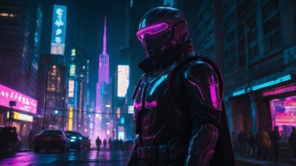 Illustration of futuristic security personnel in neon tones showcasing advanced protective gear digital surveillance and cyber defense in a sci-fi urban environment