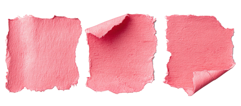Three reddish pink textured paper sheets torn edges two with curled corners isolate Reddishpink
