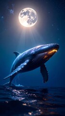 Whale Breaching Under Moonlight in Dark Ocean Waters