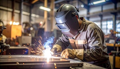 Welding Process in Workshop with Protective Gear and Bright Sparks