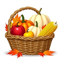 Colorful Autumn Harvest Basket Full of Pumpkins, Corn, and Vegetables