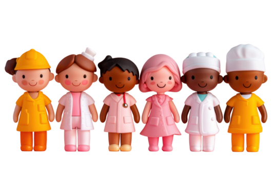 Diverse group of worker dolls representing essential occupations on a transparent background
