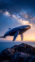 Whale Leaping Above Rocks with Milky Way Sky at Dusk