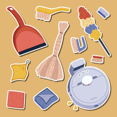 Childish cartoon sticker set with sanitation and hygiene supply for planners, notebooks. Ready for print list of cute stickers with robot vacuum cleaner, feather duster, broom, dustpan, rags.