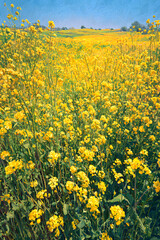 Golden Symphony: A Meadow's Dance of Yellow Wildflowers under a Sunlit Sky