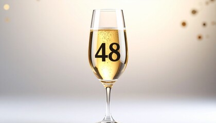Glass of sparkling champagne with number 48 for 48th anniversary or birthday party