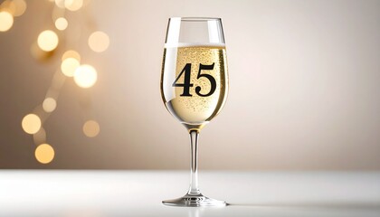 Glass of sparkling champagne with number 45 for 45th anniversary or birthday party