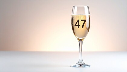Glass of sparkling champagne with number 47 for 47th anniversary or birthday party