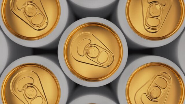 Rotating over aluminum white cans with golden tops. Closeup shot. Beverage industry. Looping video, 3d render.