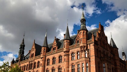 Obraz premium Historic brick building with pointed towers under a partly cloudy sky