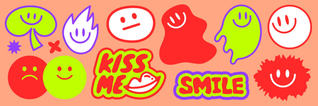 Colorful stickers with positive vibes, smiley faces, and motivational words Fun and cheerful, these stickers spread positivity and happiness Stay awesome, be kind! Funky stickers, vector set