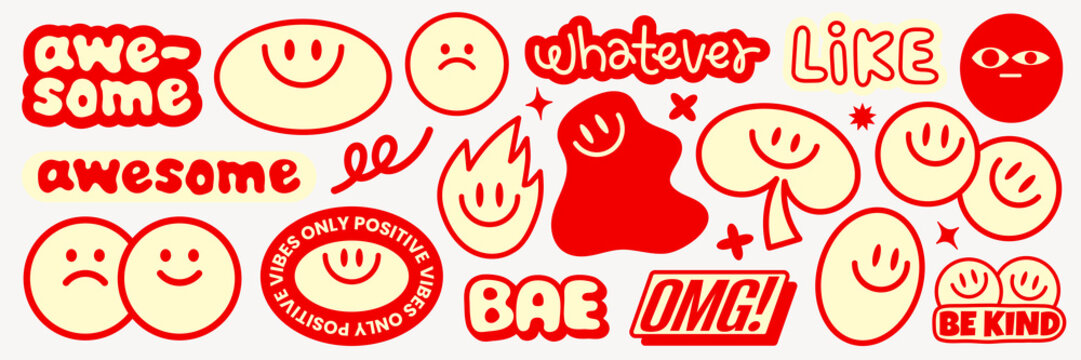 Colorful stickers with positive vibes, smiley faces, and motivational words Fun and cheerful, these stickers spread positivity and happiness Stay awesome, be kind! Funky stickers, vector set