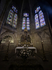 Gilded altar of Virgen del Camino with stained glass in Catedral de Leon