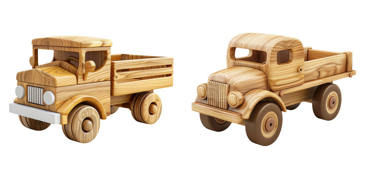 Wooden toy trucks in vintage style isolated on transparent PNG image perfect for kids’ crafts or nostalgic design elements