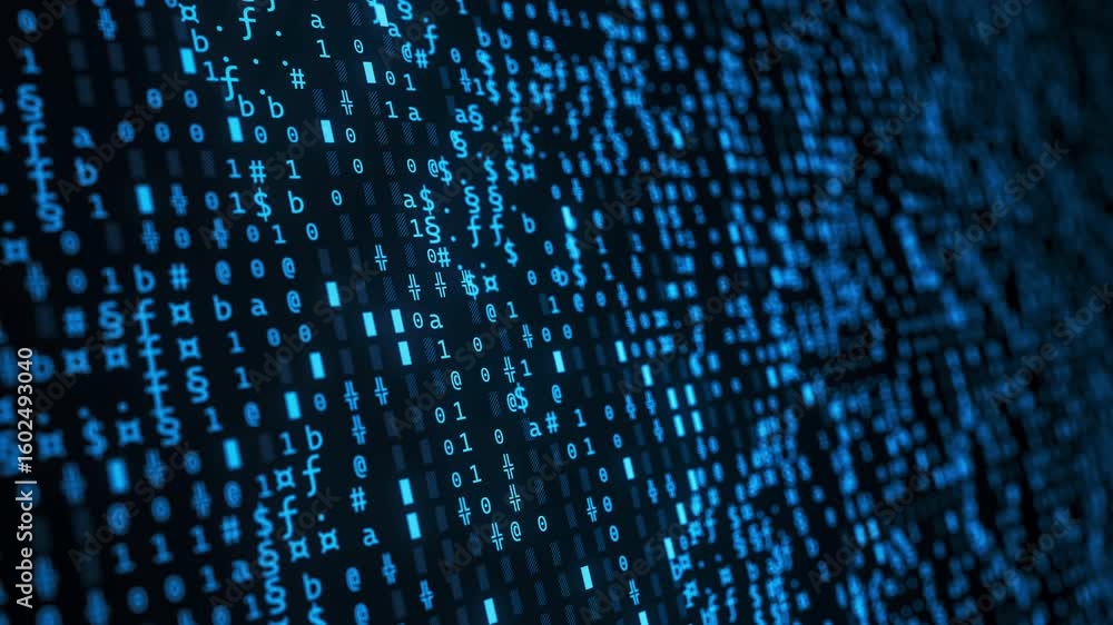 Poster abstract binary blue symbols flowing screen. streams of computer code. software blockchain database 