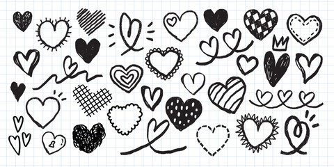 Collection of hand-drawn hearts in various styles. Black and white hearts, sketched hearts, doodle hearts on grid paper. Playful and artistic heart designs. Hand drawn Valentine's Day vector set.