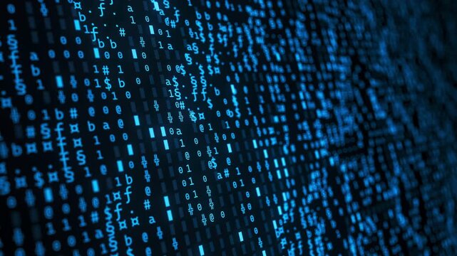 Abstract binary blue symbols flowing screen. Streams of computer code. Software blockchain database big data flow. Data matrix motion loop.