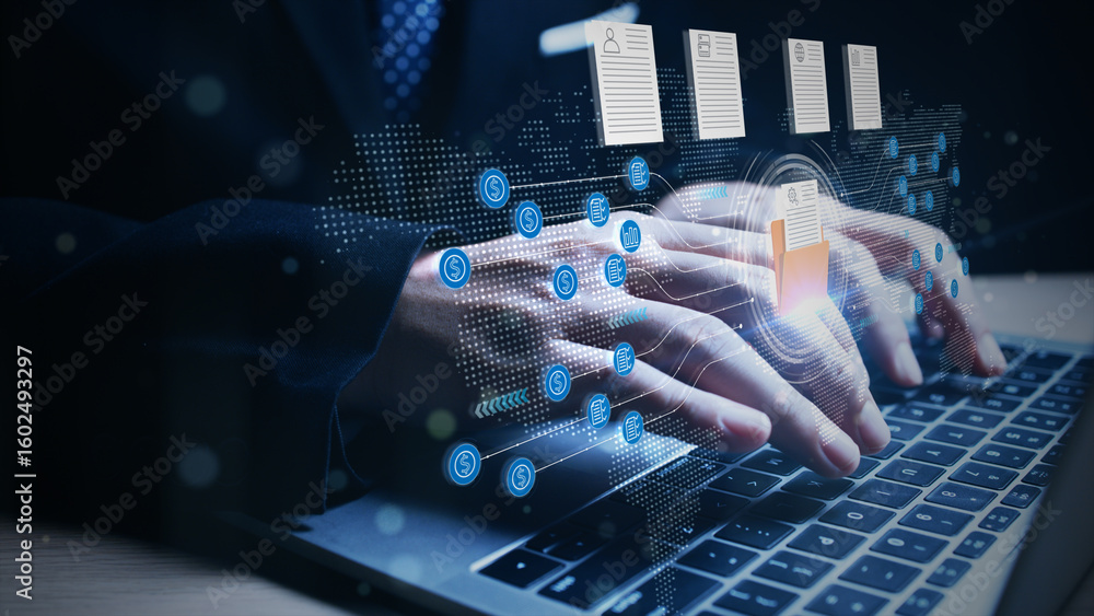 Poster businessman typing on laptop with digital data folders and cloud network storage concept for big dat