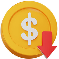 Decreasing Dollar Coin 3D Icon – Minimalist Financial Loss