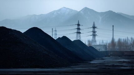 Coal piles power plant, Industrial energy landscape, Mining site with mountains, Transmission towers and coal