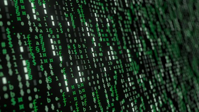 Abstract binary green symbols flowing screen. Streams of computer code. Software blockchain database big data flow. Data matrix motion.