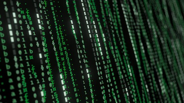 Abstract binary green symbols flowing screen. Streams of computer code. Software blockchain database big data flow. Data matrix motion loop.