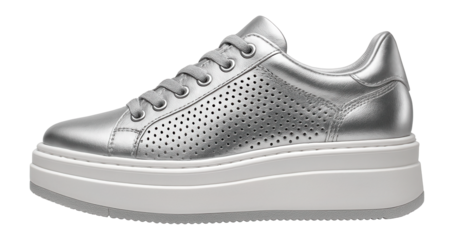 Platform sneakers in metallic silver with perforated detailing on the sides