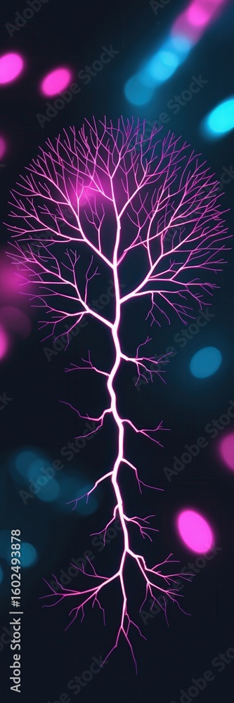 Poster abstract glowing pink tree-like structure with branching lines on a dark background and vibrant neon