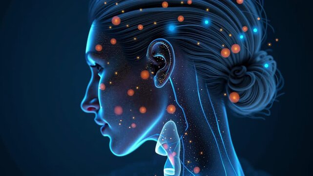 Thyroid concept ,Digital art of woman profile surrounded by glowing particles and abstract elements, highlighting technology