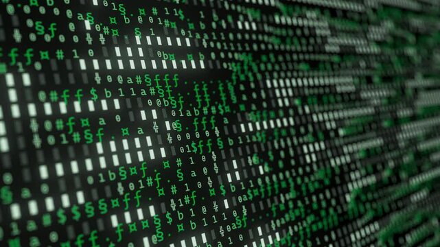 Abstract binary green symbols flowing screen. Streams of computer code. Software blockchain database big data flow. Data matrix motion loop.