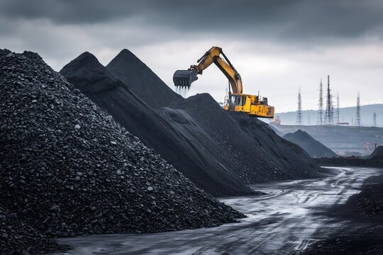 Excavator moving coal piles, Large coal mining operation, Industrial coal processing plant, Heavy machinery at mine site