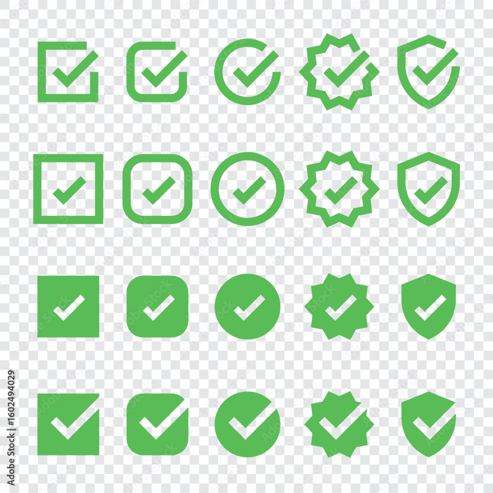 Poster set of check mark icons in various styles. includes check marks in boxes, circles, and shields. blac
