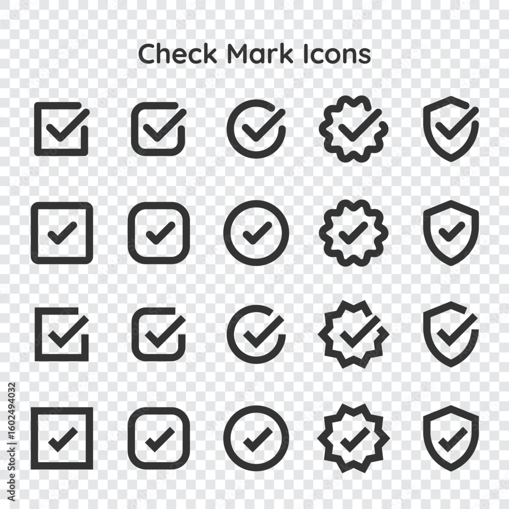 Poster set of check mark icons in various styles. includes check marks in boxes, circles, and shields. blac