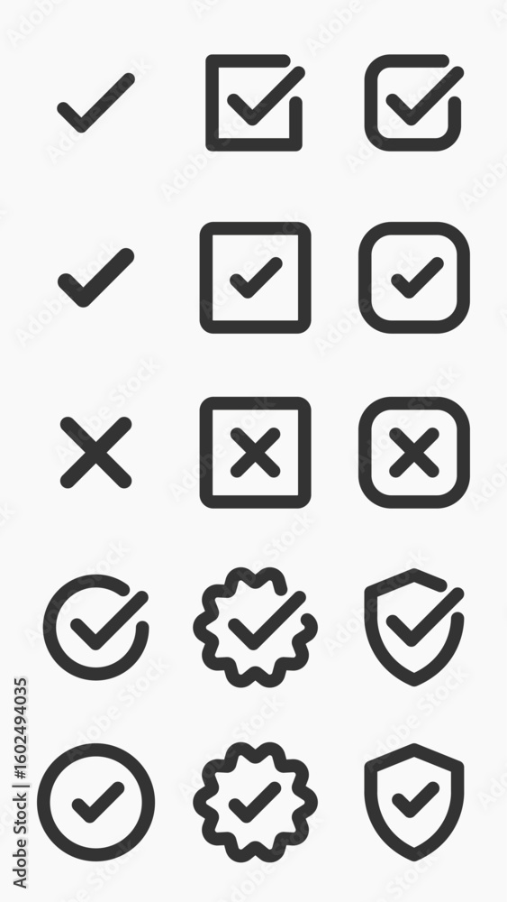 Poster set of check mark icons in various styles. includes check marks in boxes, circles, and shields. blac