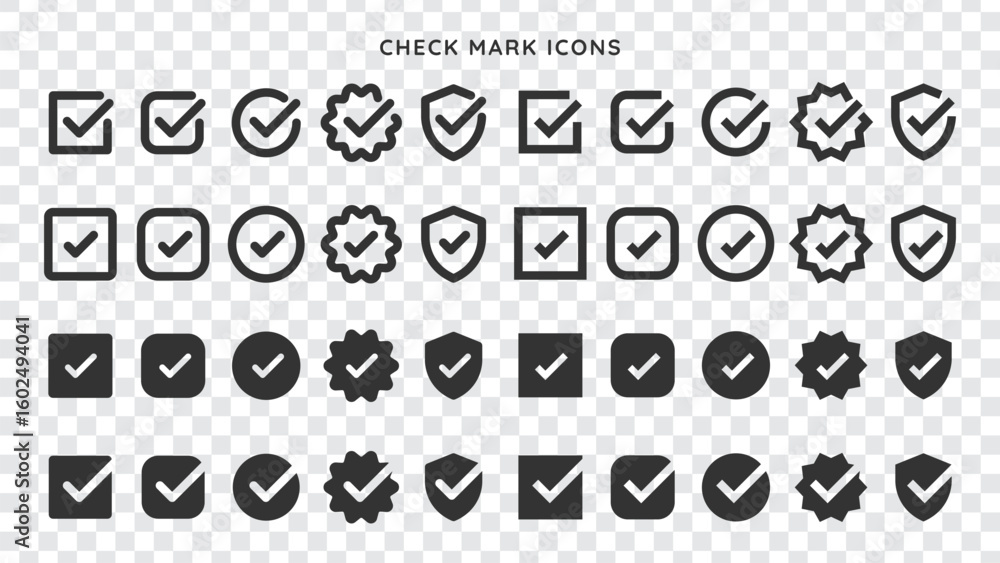 Poster set of check mark icons in various styles. check marks in circles, squares, and shields. black check