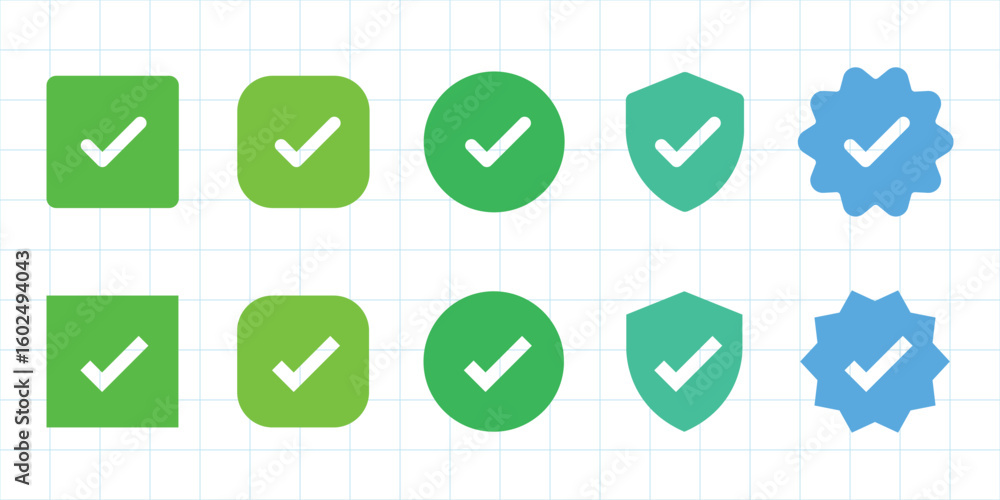 Poster collection of checkmark icons in various shapes: square, circle, shield, starburst. green and blue c