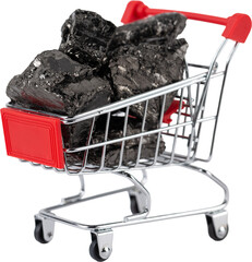 Grocery cart loaded with fossil coal, selling fuel.