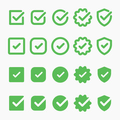 Set of check mark icons in various styles. Includes check marks in boxes, circles, and shields. Black check marks on transparent background. Vector element set.