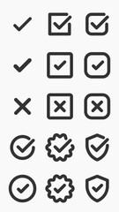 Set of check mark icons in various styles. Includes check marks in boxes, circles, and shields. Black check marks on transparent background. Vector element set.