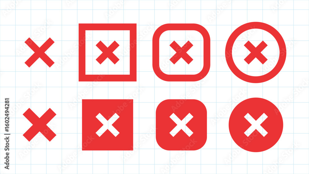 Poster set of red x icons in various shapes on a grid background. includes circles, squares, and rounded sq
