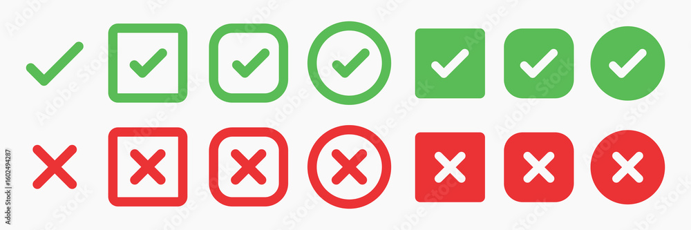 Poster green check marks and red x marks in various shapes. check marks in circles and squares. x marks in 
