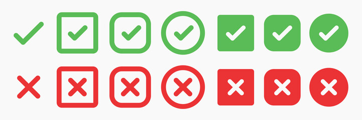 Green check marks and red X marks in various shapes. Check marks in circles and squares. X marks in circles and squares. Symbols for approval and disapproval. Vector element set. © Rawpixel.com