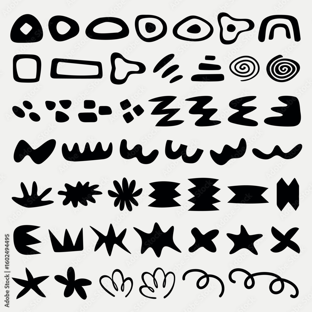 Poster abstract black shapes on a white background. various abstract shapes include circles, spirals, and z