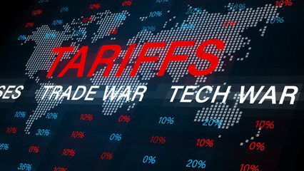 Digital world map showing tariffs, inflation, fear, and job loss effects. Economic percentages...