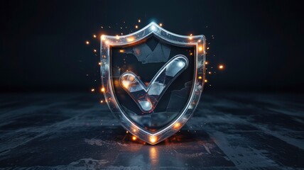 Glowing Metallic Shield with Check Mark - Security and Protection Concept