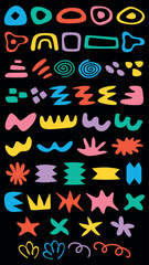 Colorful abstract shapes on black background. Vibrant, geometric, and playful designs. Abstract shapes in various colors and forms. Artistic and creative shapes. Colorful vector set.