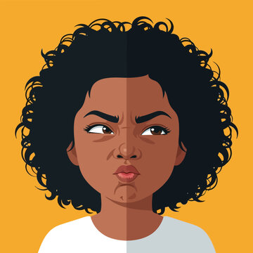 Cartoon Girl with Black Curly Hair Pouting on Golden Background