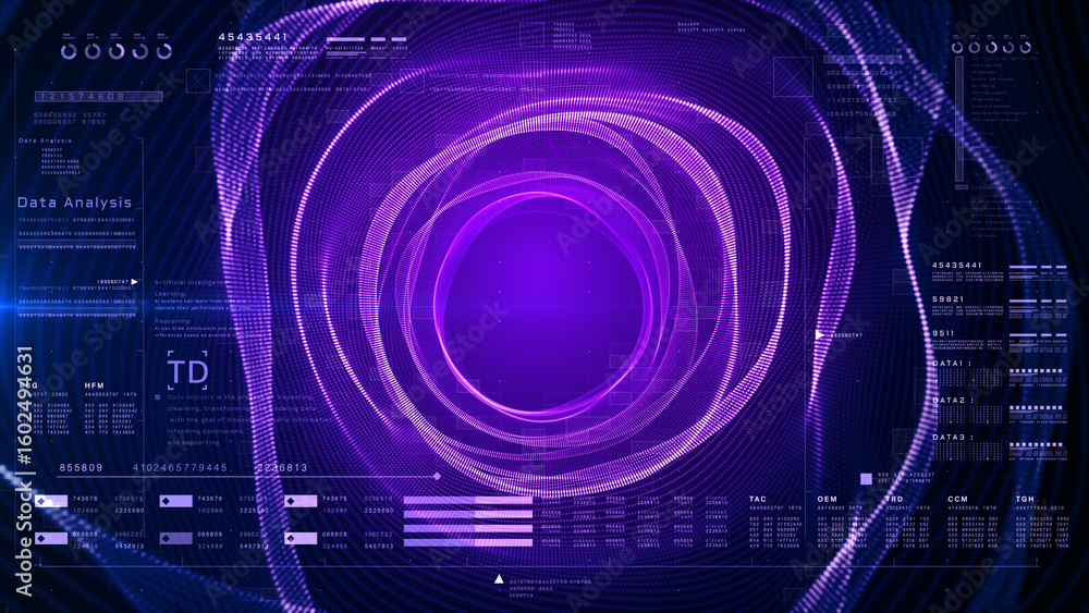 Poster high-tech digital interface with circular purple data streams, ai terms, and futuristic hud elements