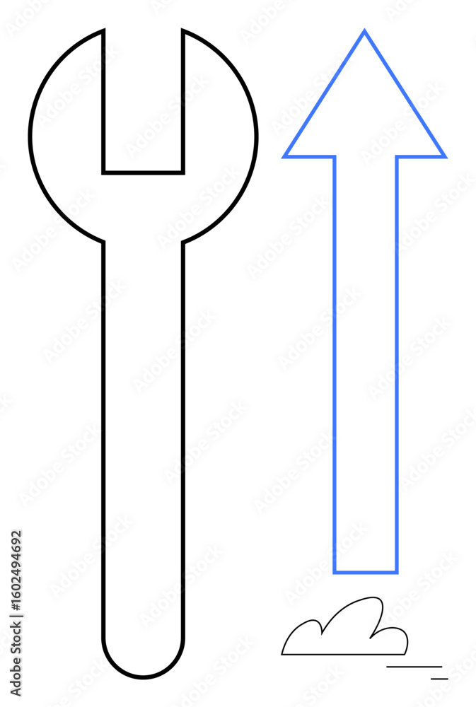Poster large wrench beside upward arrow with minimal cloud and motion lines. ideal for concepts thumbs up p